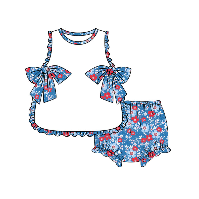 Preorder moq 5 Baby Girls Red Blue Flowers Tunic Bummies Short 4th of July Clothes Set