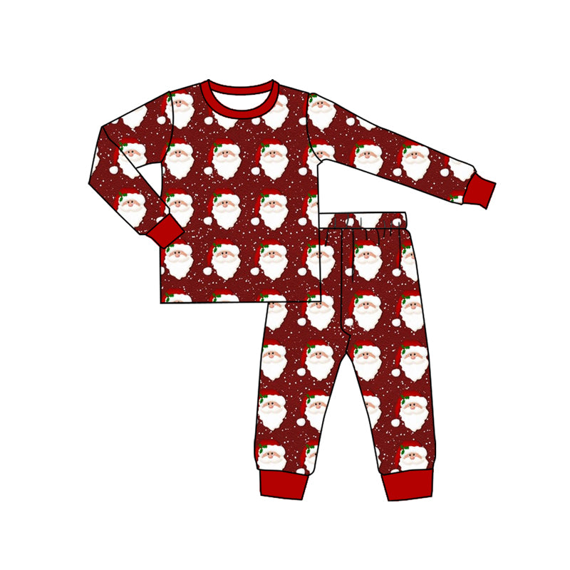 Preorder (moq 5)Baby Boys Dark Red Long Sleeves Santa Plaid Top Pants Pajamas Sets