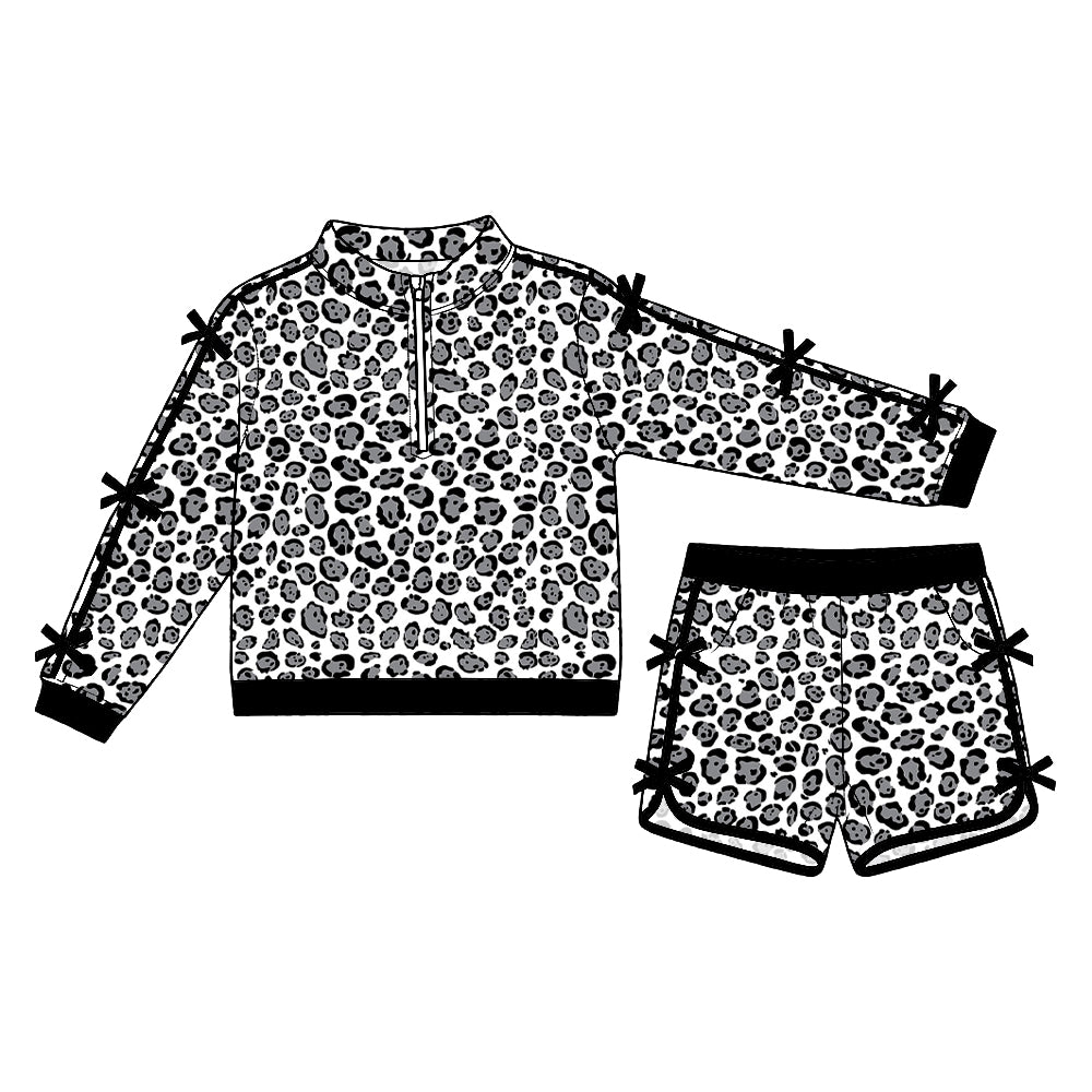 Preorder (moq5) Baby Girls Grey Leopard Bows Zip Pullover Short Clothes Set