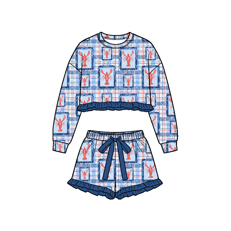 Preorder (moq 5) Baby Girl Clothes Crawfish Plaid Frame Print Long Sleeve Crop Top Ruffle Short Set