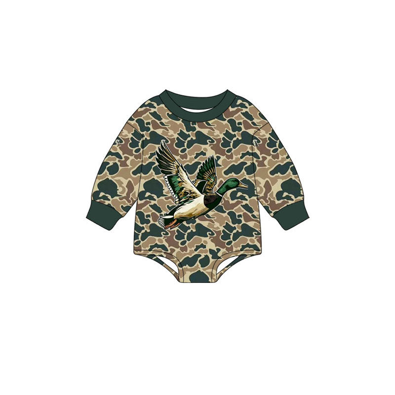 Preorder (moq 5)Baby Boys Green Ducks Camo Hunting Long Sleeve Rompers