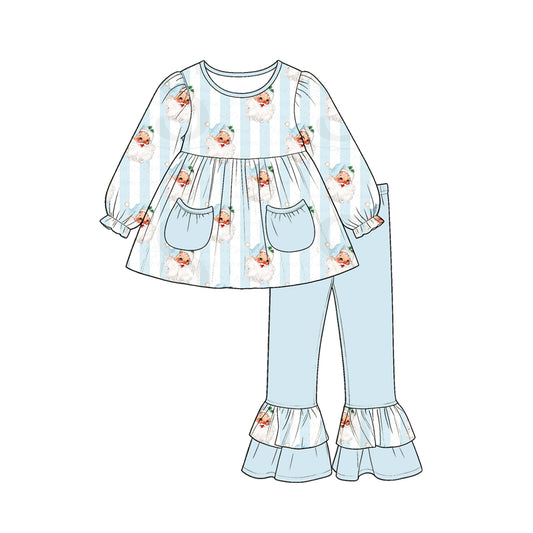 Baby Girls Blue Stripe Santa Pockets Tunic Ruffle Pant Christmas Clothes Set Preorder