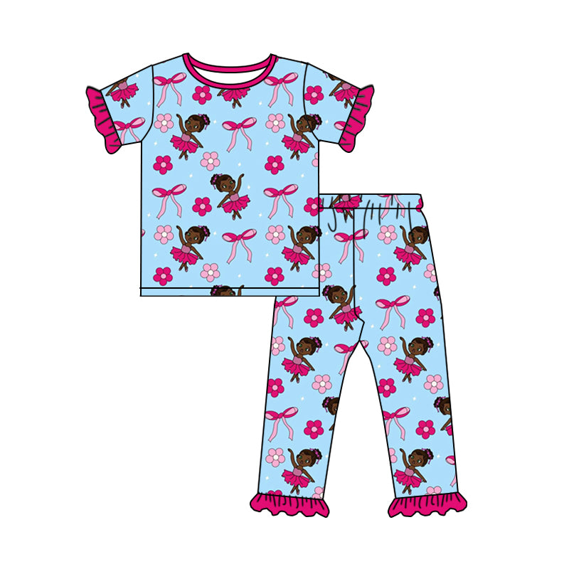 Preorder (moq 5)Baby Girls Short Sleeve Bows Flowers Princess Top Ruffle Pant Pajamas Sets