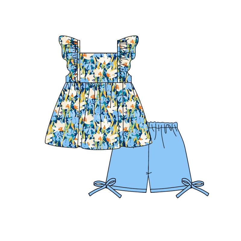 Preorder (moq 5)Baby Girls Flutter Sleeve Blue Flowers Tunic Short Clothes Sets