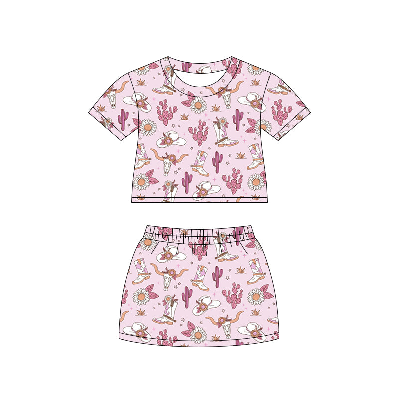 Preorder (moq 5)Baby Girls Bull Skulls Boots Top Skirt Shorts Western Clothes Set