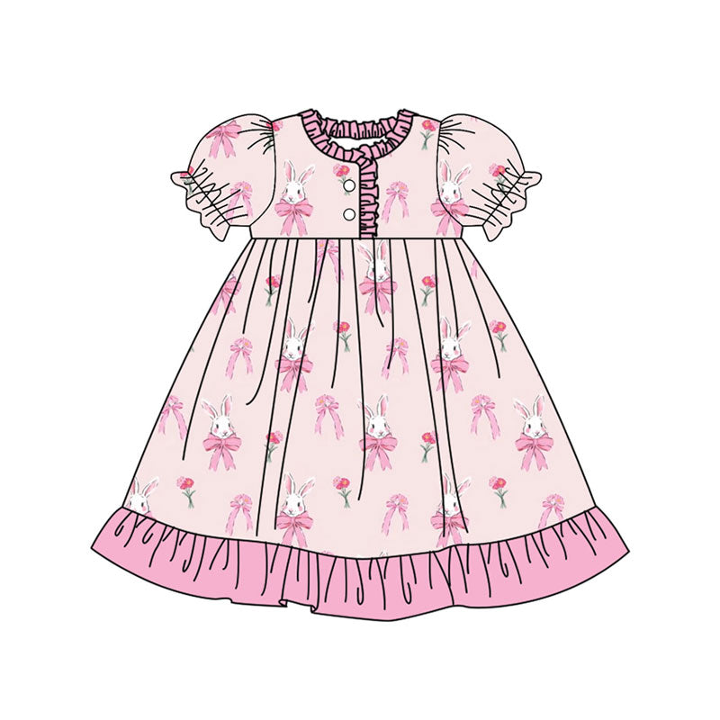 Preorder (moq 5)Baby Girls Pink Flowers Rabbits Easter Button Ruffle Knee Length Dresses