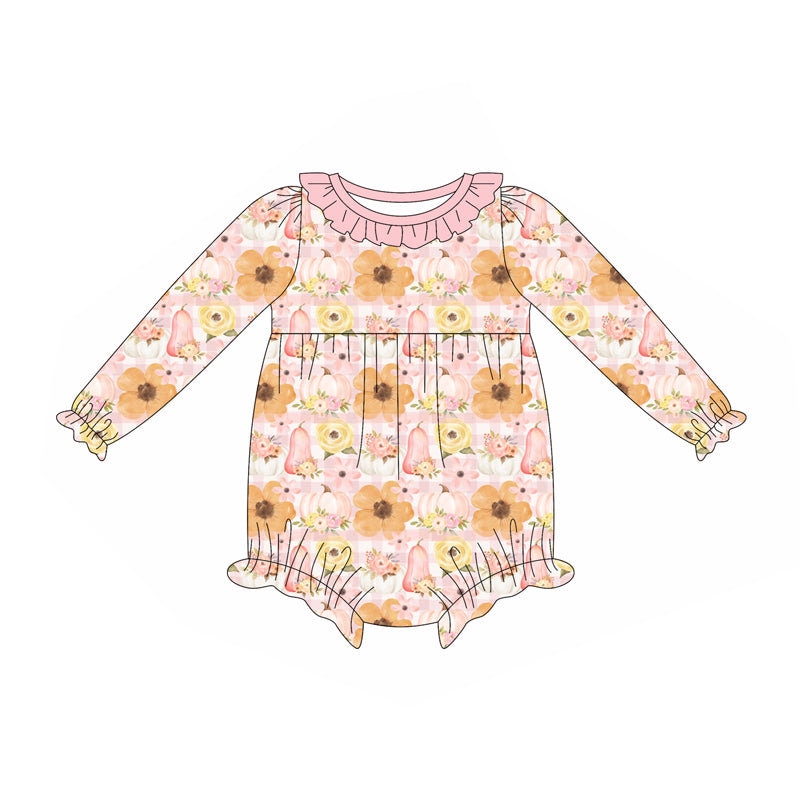 Preorder (moq 5)Baby Girls Long Ruffle Sleeves Peach Floral Pumpkins Rompers