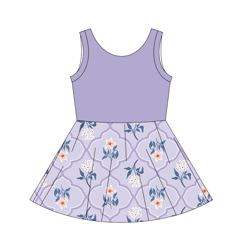 Preorder moq 10 Baby Girls Lavender Sleeveless Top Flowers Patchwork Knee Length Dresses