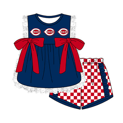 Preorder moq 5 Baby Girls Sleeveless Reds Lace Tunic Checked Short Team Clothes Sets