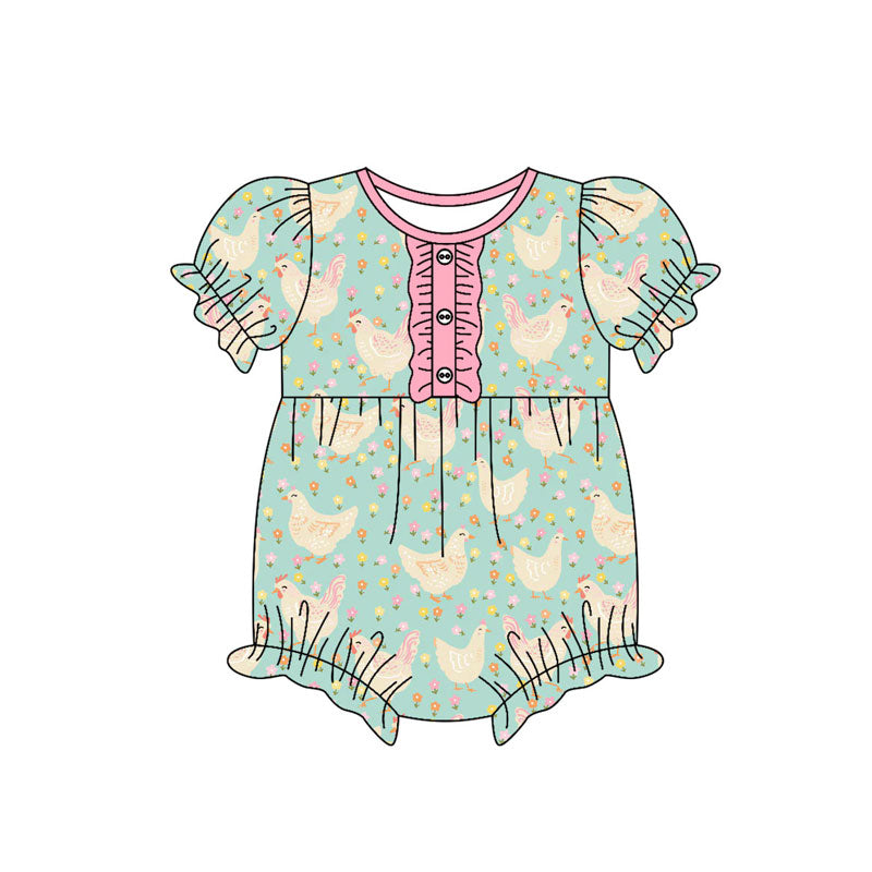 Preorder(moq 8)Baby Girls Flowers Chicks Farm Button Ruffle Rompers