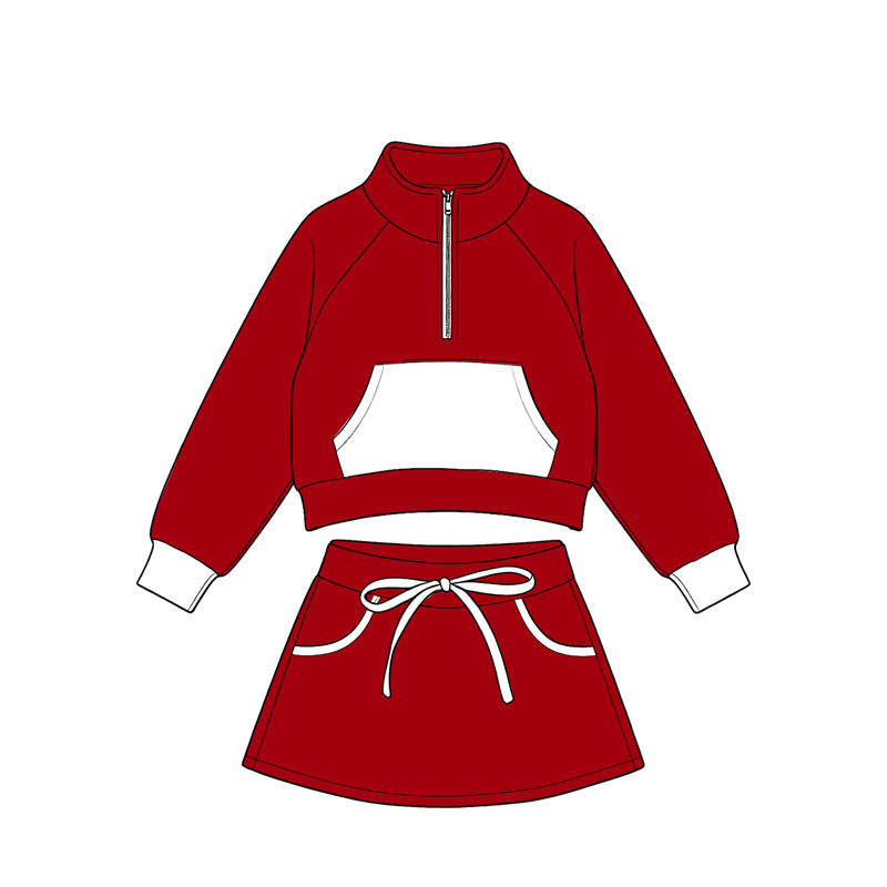 Preorder(moq5) Kids Half Zip Cropped Sweatshirt Skirt 2‑Piece Athletic Outfit