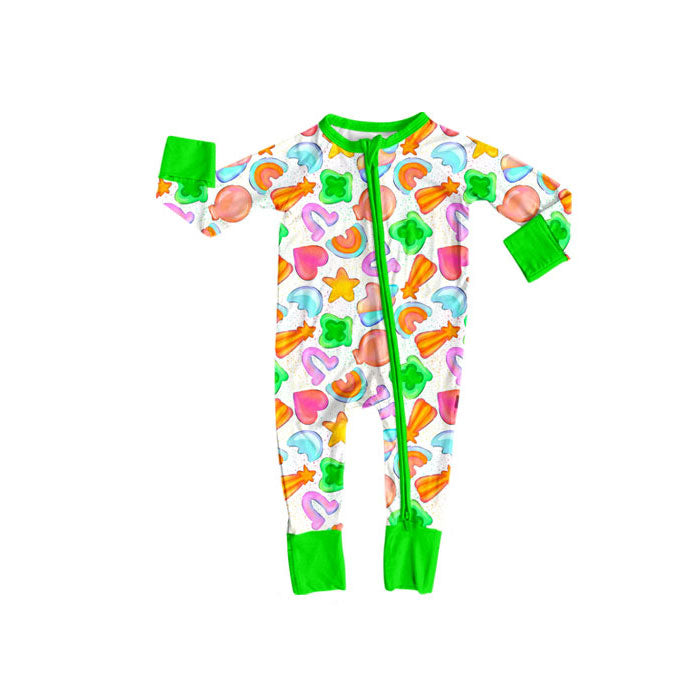 Preorder(moq 8)Baby Girls Clovers Rainbows St Patrick Zipper Footie Rompers