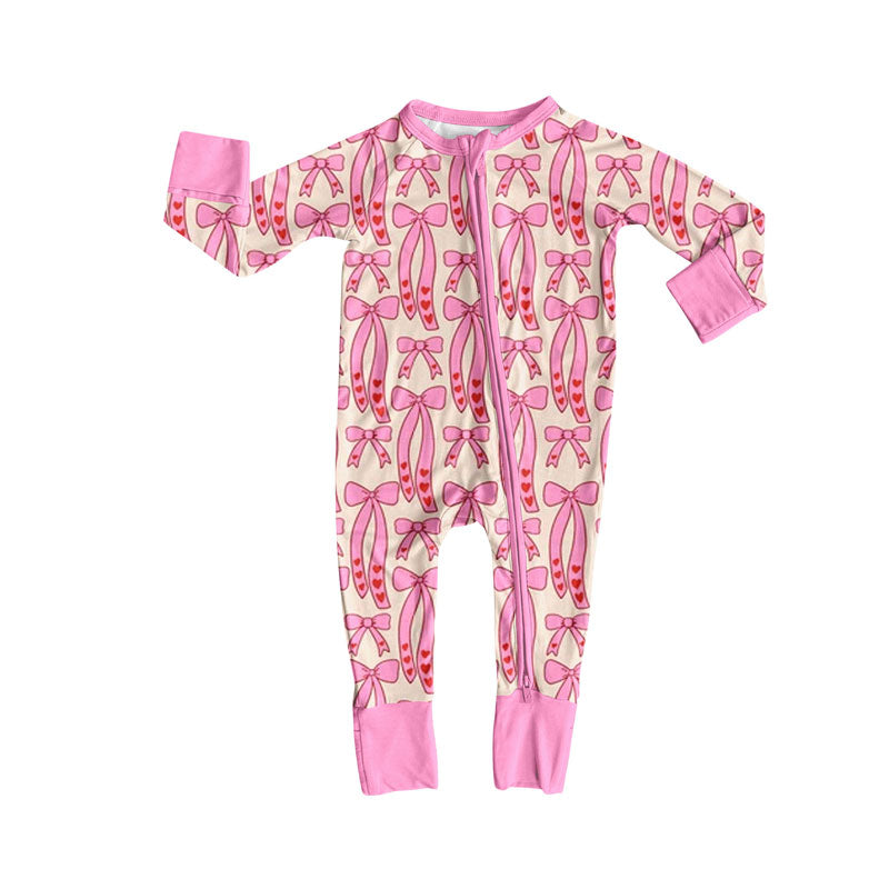 Preorder(moq 8)Baby Girls Pink Heart Bows Plaid Valentine Zipper Footie Rompers