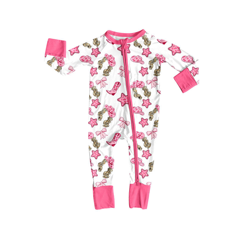 Preorder (moq 5)Baby Girls Stars Hats Boots Valentine Zipper Footie Rompers
