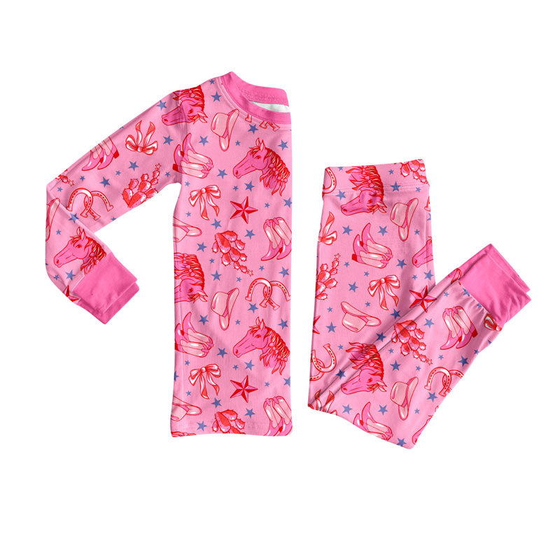 Preorder(moq 8)Baby Girls Pink Horses Boots Hats Top Pants Western Pajamas Set
