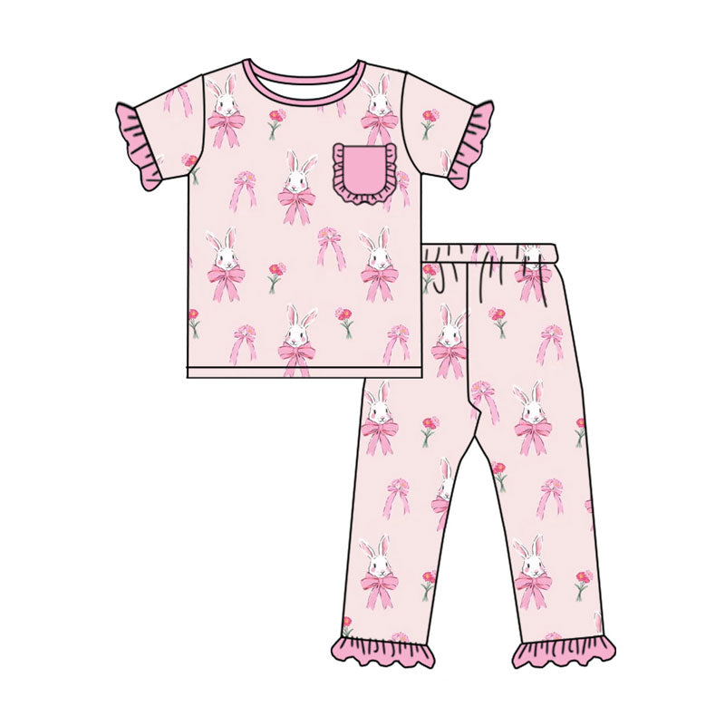 Preorder (moq 5)Baby Girls Pink Flowers Rabbits Top Ruffle Pants Easter Pajamas Sets