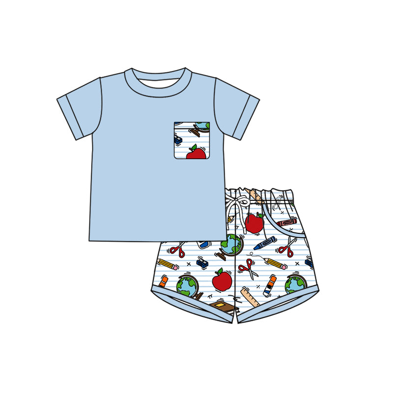 Preorder (moq 5)Baby Boys Apples Pencils Top Pockets Shorts Back to School Clothes Sets