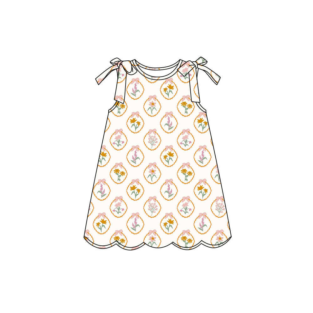 Preorder (moq 5)Baby Girls Sleeveless Pink Flowers Bows Scallop Knee Length Dresses