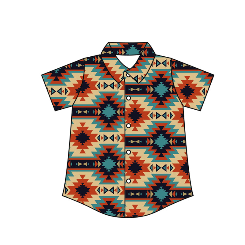 Preorder moq 10 Baby Boys Short Sleeves Colorful Aztec Button Shirts Top