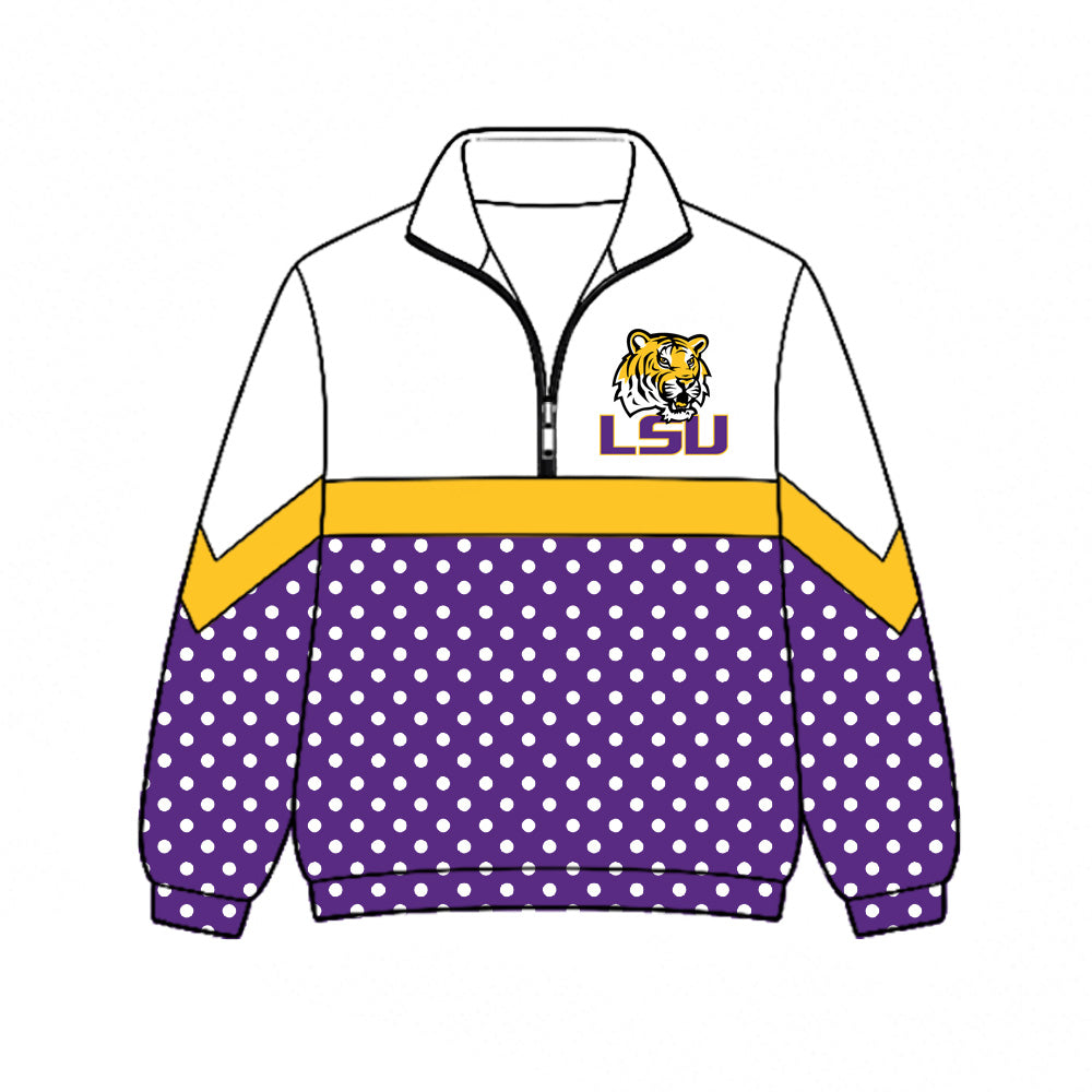 Preorder (moq 5)Baby Boys Purple Polka Dots LSU Tigers Team Zip Pullovers Top