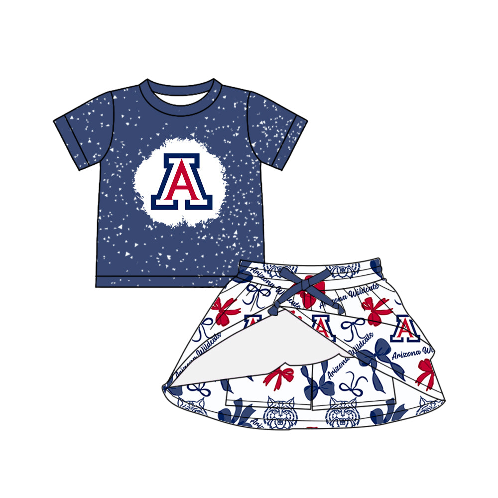 Preorder (moq 5)Baby Girls Blue Short Sleeves AW Top Bows Plaid Skorts Team Set