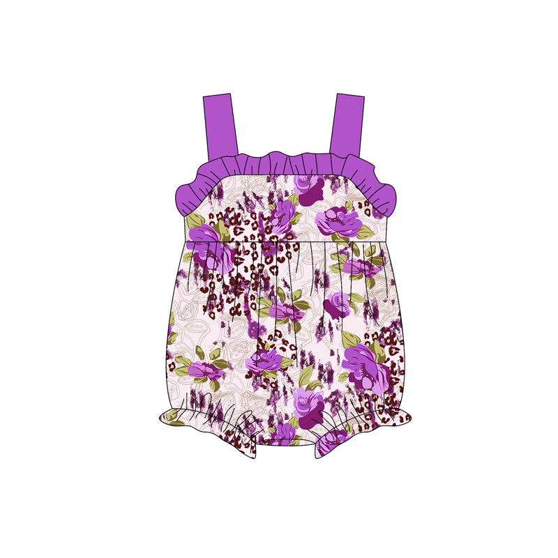 Preorder(moq 5)Baby Infant Girls Purple Strap Floral Leopard Summer Rompers