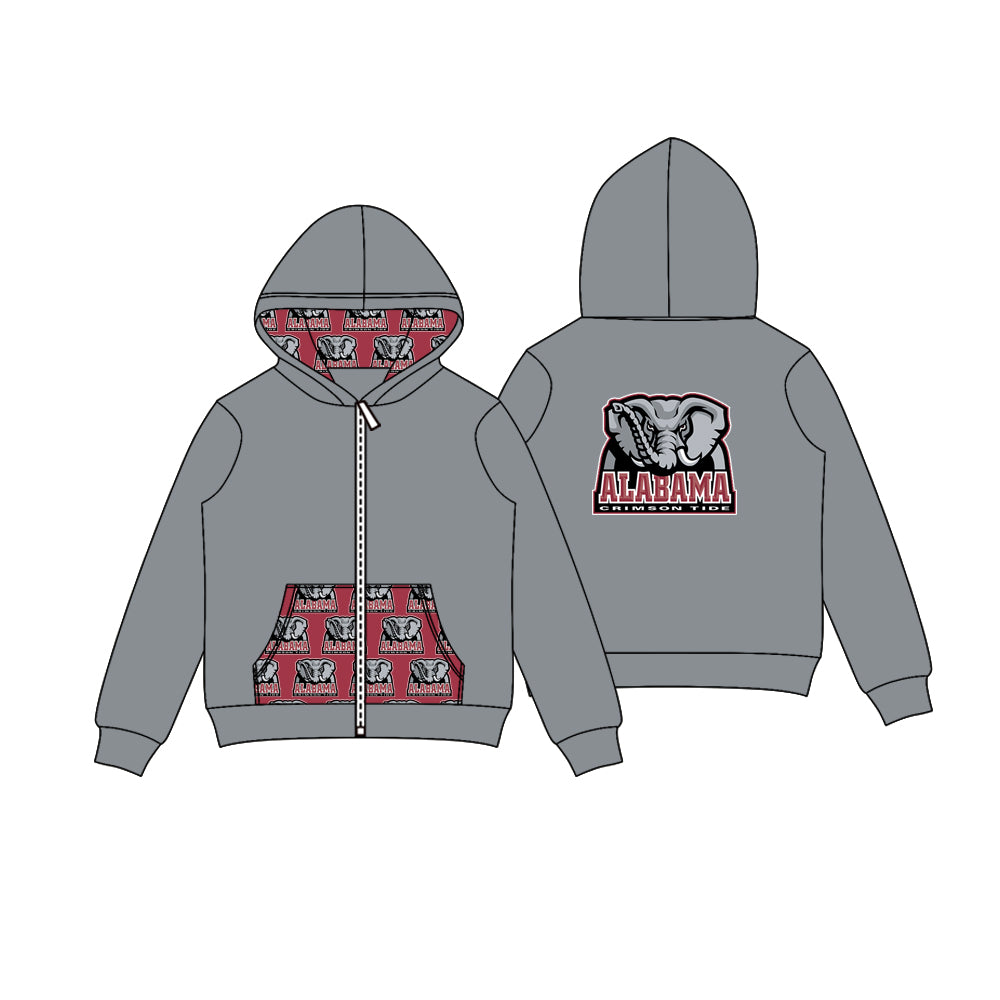 Preorder (moq 5)Baby Boys Gray Alabama Elephants Team Pocket Zipper Hoodies Tops
