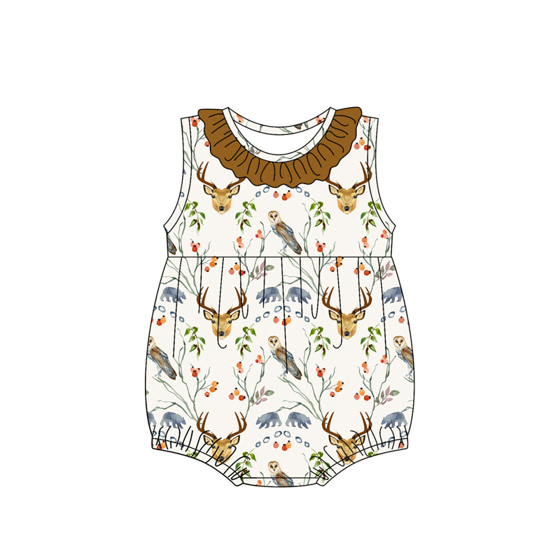 Preorder (moq 5)Baby Girls Brown Sleeveless Deer Floral Ruffle Rompers