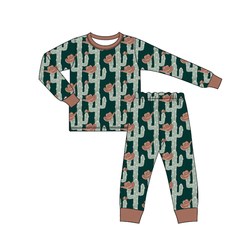 Preorder (moq 5)Baby Boys Dark Green Long Sleeves Hats Cactus Top Pant Pajamas Set