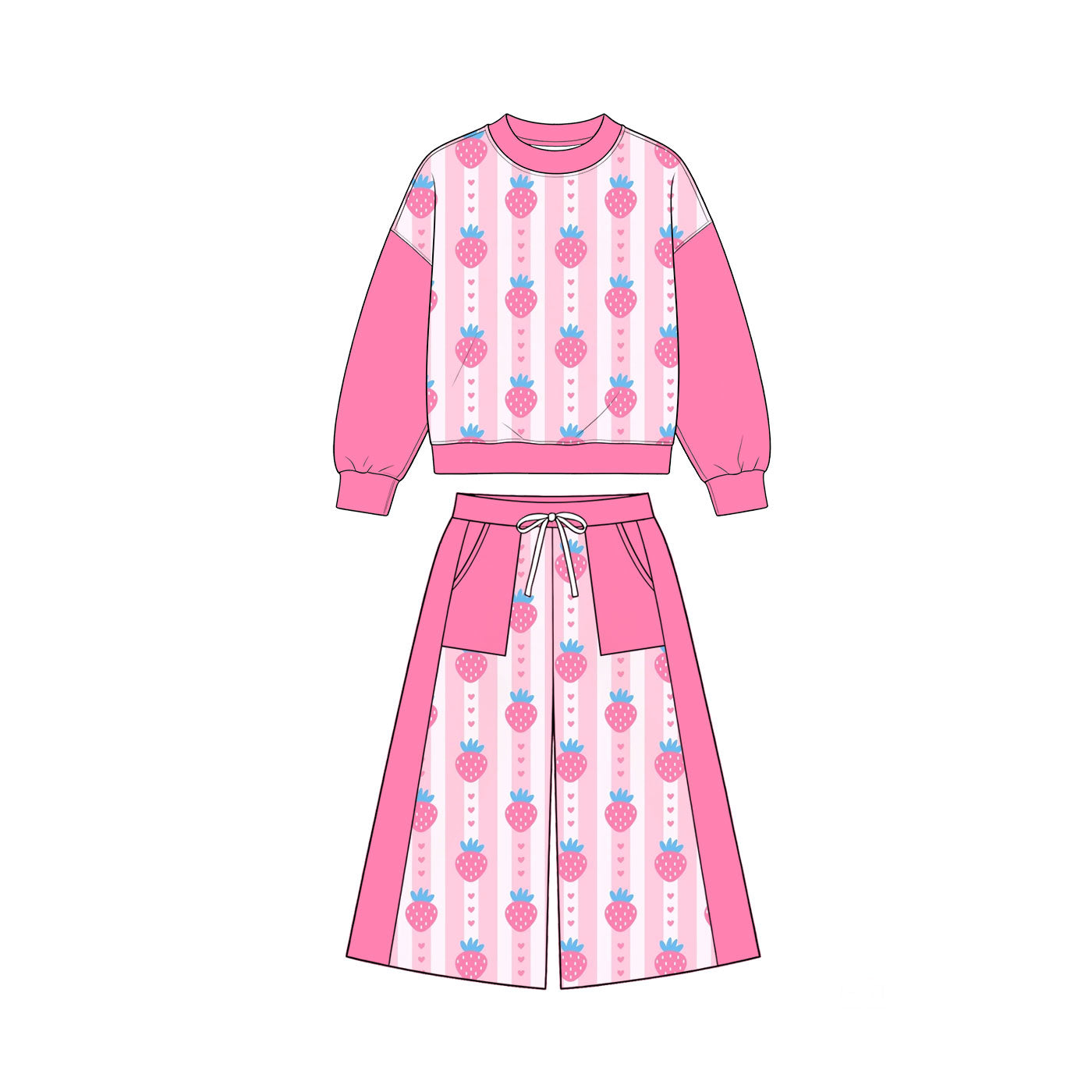Pre-order(moq5) Girls’ Fall Pink Strawberry Print Long Sleeve Bow Top & Wide-Leg Pants Set | Sisters’ Matching Set
