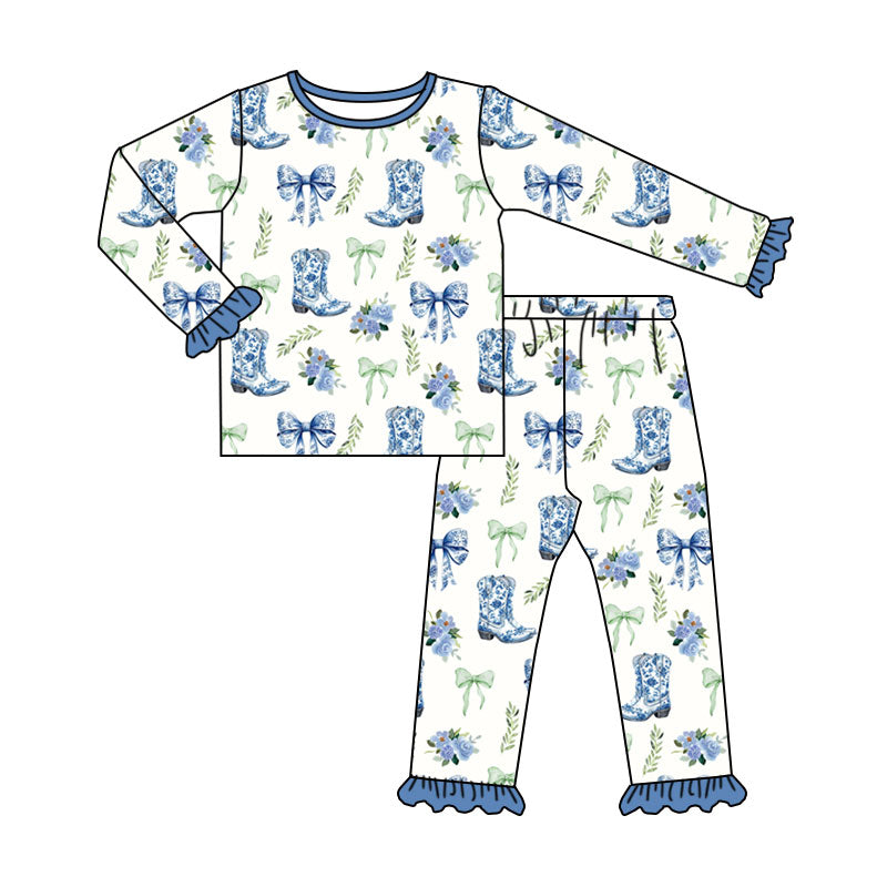 Preorder (moq 5) Baby Girl Clothes Blue Cowboy Boot Bow Floral Mixed Print Long Sleeve Ruffle Cuff Pant Set