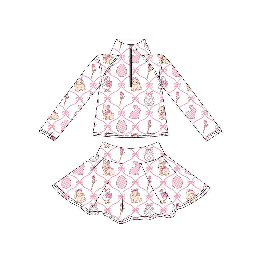 Preorder moq 5Baby Girls’ Bow Bunny & Goose Print Zip Pullover Top & Skirt Set, Mardi Gras Yoga Activewear Outfit