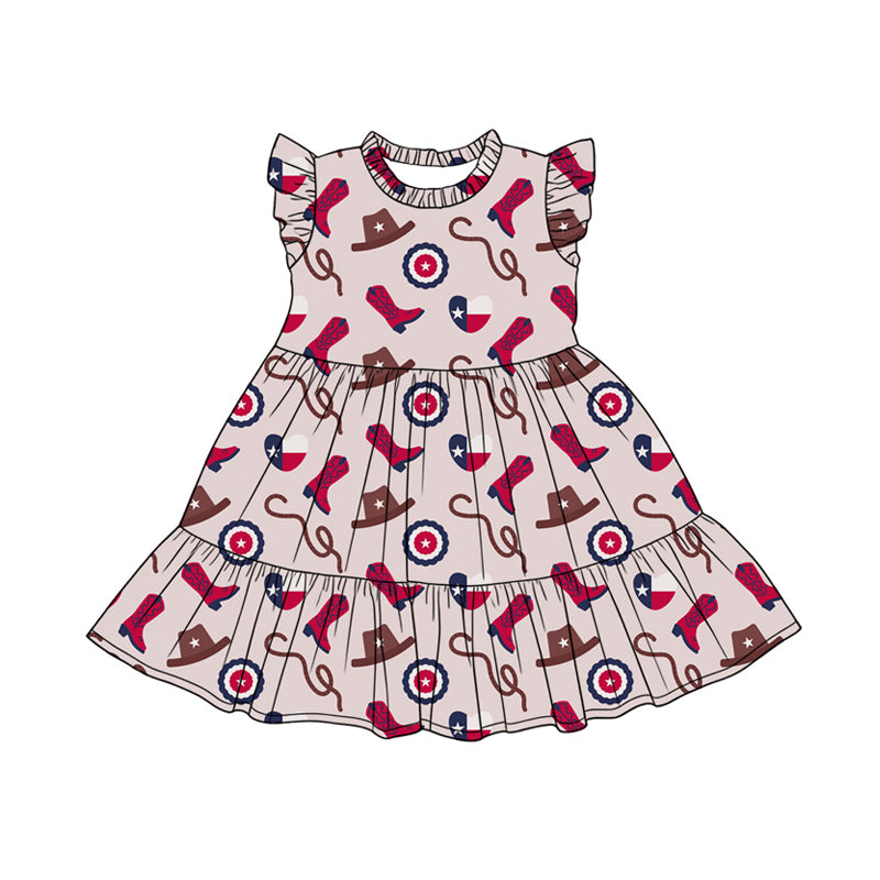 Preorder (moq 5)Baby Girls Flutter Sleeve Hat Boots Western Patchwork Knee Length Dress
