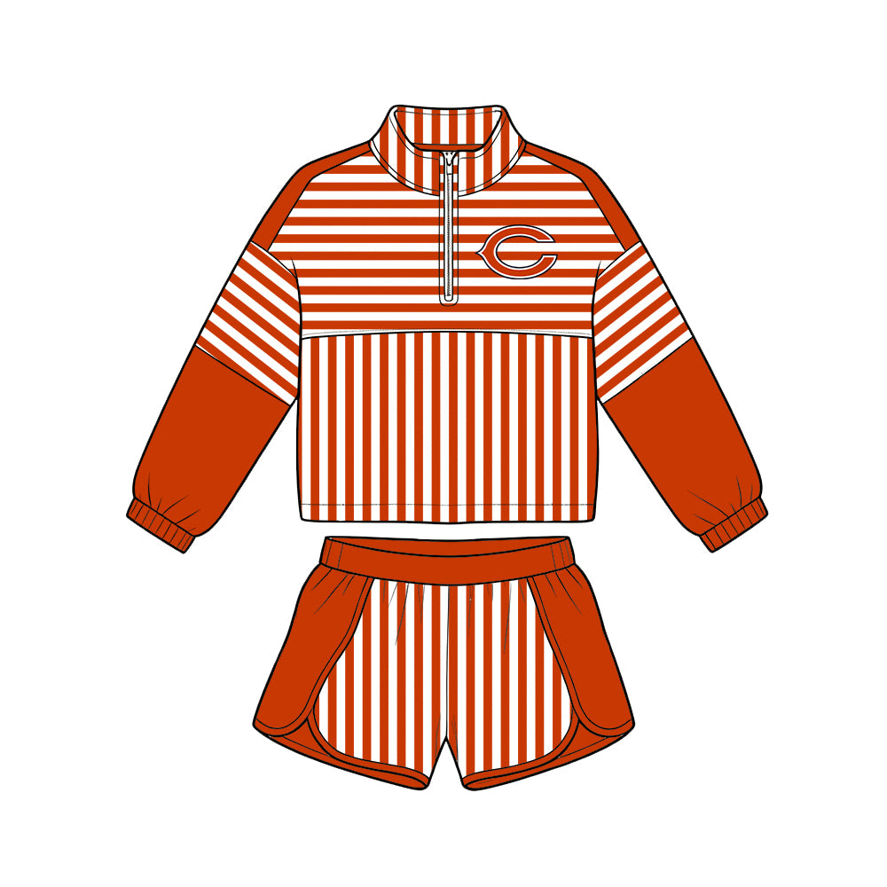 Preorder (moq 5)Baby Girls Orange Stripe Bears Zip Pullovers Short Team Clothes Set