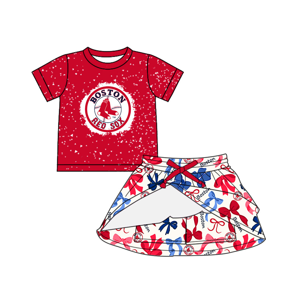 Preorder (moq 5)Baby Girls Red Short Sleeves Boston Top Blue Bows Plaid SKort Team Set