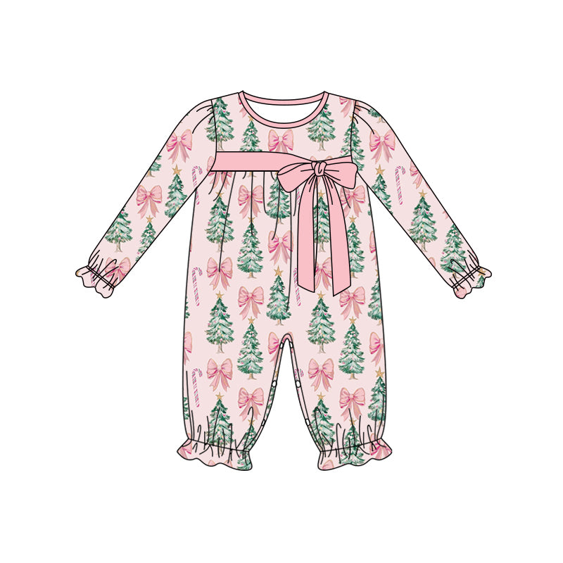Preorder (moq 5)Baby Girls Long Ruffle Sleeves Pink Bows Trees Candy Cane Pant Rompers