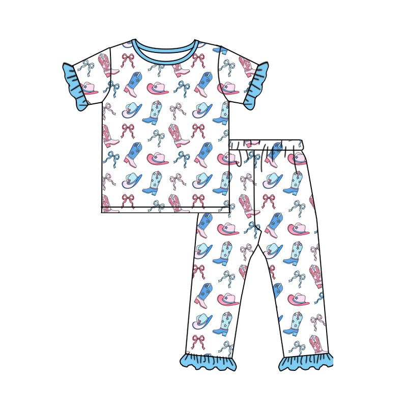 Preorder (moq 5)Baby Girls Short Ruffle Sleeves Blue Bows Boots Top Pant Pajamas Set