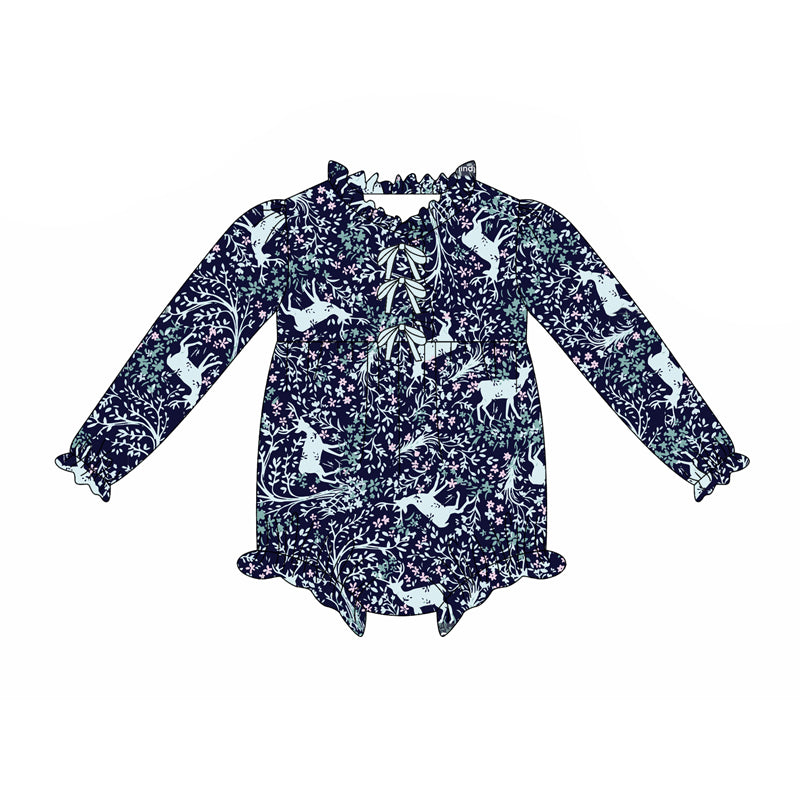 Preorder(moq 5)Baby Infant Girls Blue Floral Deer Plaid Button Ruffle Rompers