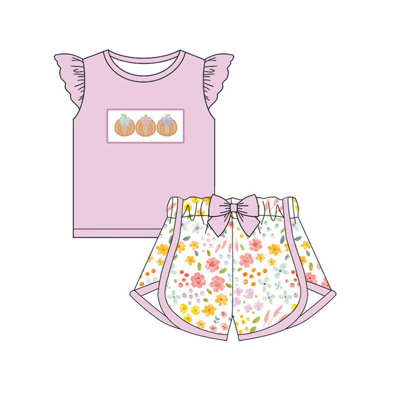 Preorder (moq 5)Baby Girls Lavender Flutter Sleeves Bows Pumpkins Top Flowers Shorts Set