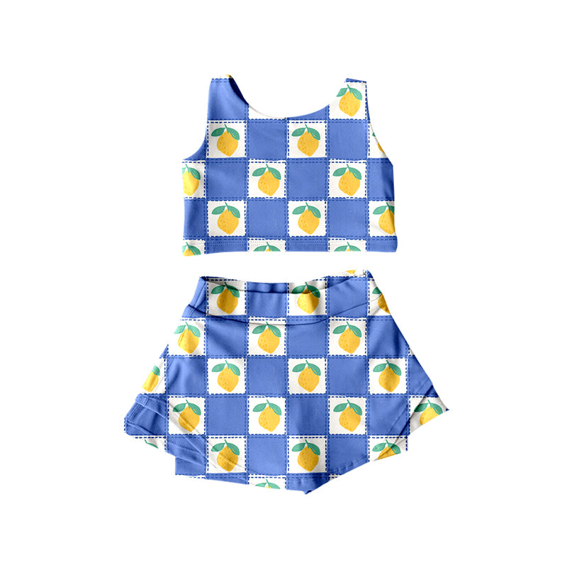 Preorder (moq 5)Baby Girls Blue Plaid Sleeveless Lemons Print Top Skorts Set