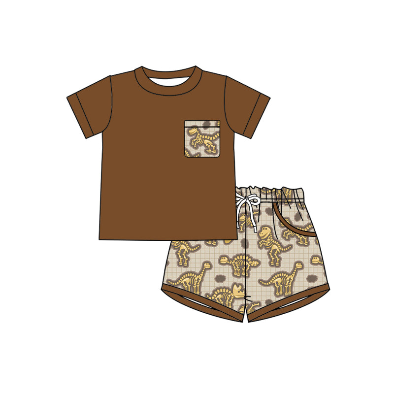 Preorder (moq 5)Baby Boys Brown Dinosaurs Top Checked Pockets Shorts Hunting Clothes Set
