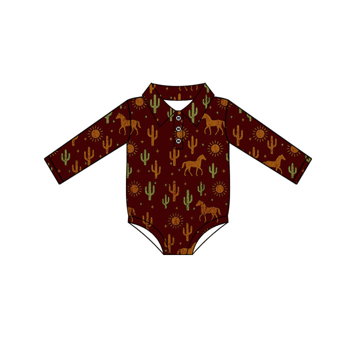 Preorder moq 5 Baby Infant Boys Long Sleeves Cactus Horses Plaid Button Rompers