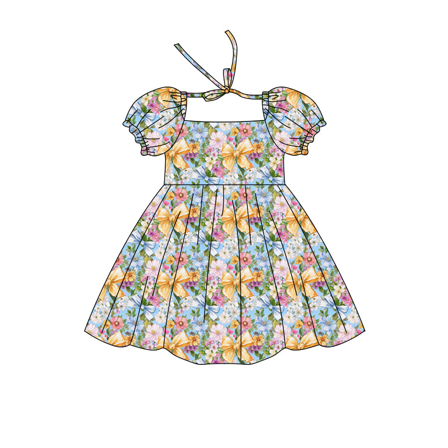 Preorder (moq 5)Baby Girls Short Ruffle Sleeve Colorful Bows Flowers Knee Length Dress