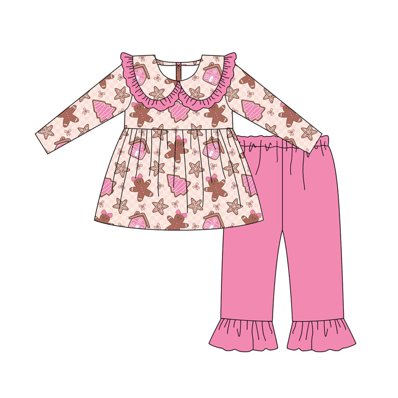 Preorder (moq 5)Baby Girls Long Sleeves Pink Gingerbread Trees Tunic Ruffle Pant Clothes Set