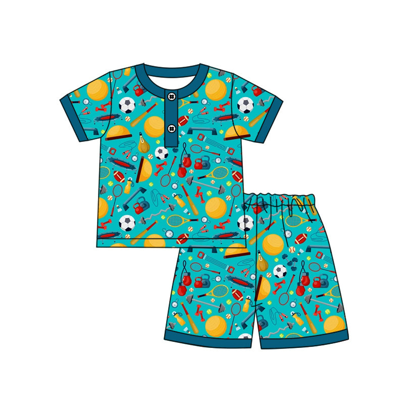 Preorder (moq 5)Baby Boys Blue Sports Summer Shirt Top Shorts Pajamas Clothes Sets
