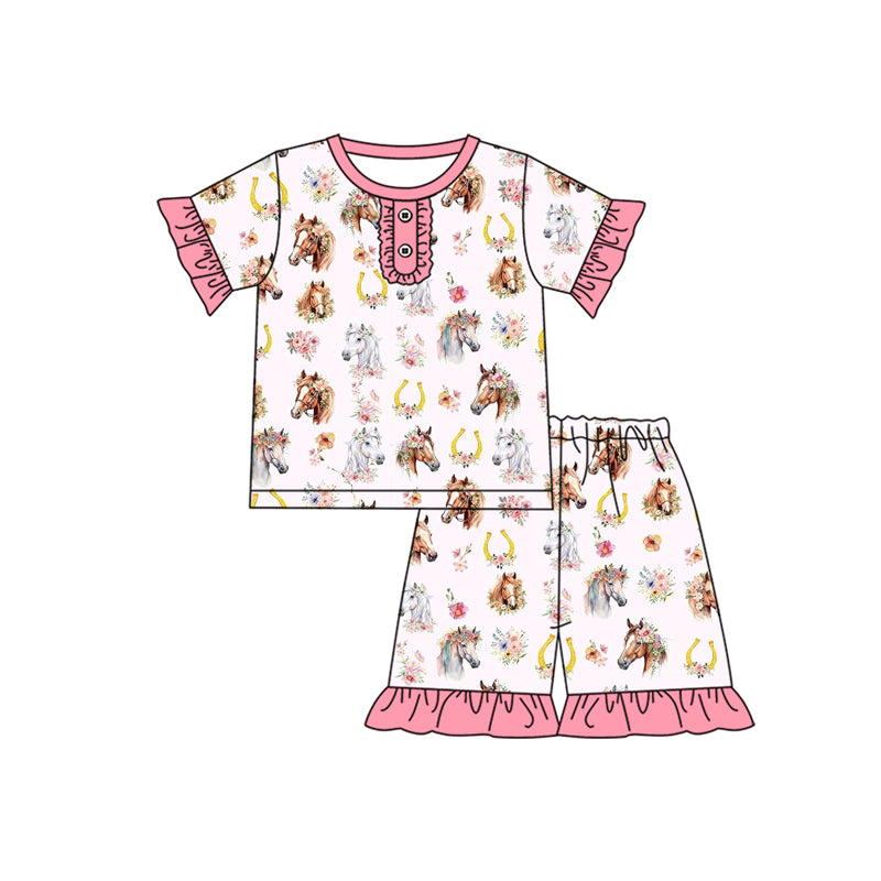 Preorder (moq 5)Baby Girls Pink Horse Floral Button Shirt Ruffle Shorts Pajamas Clothes Sets