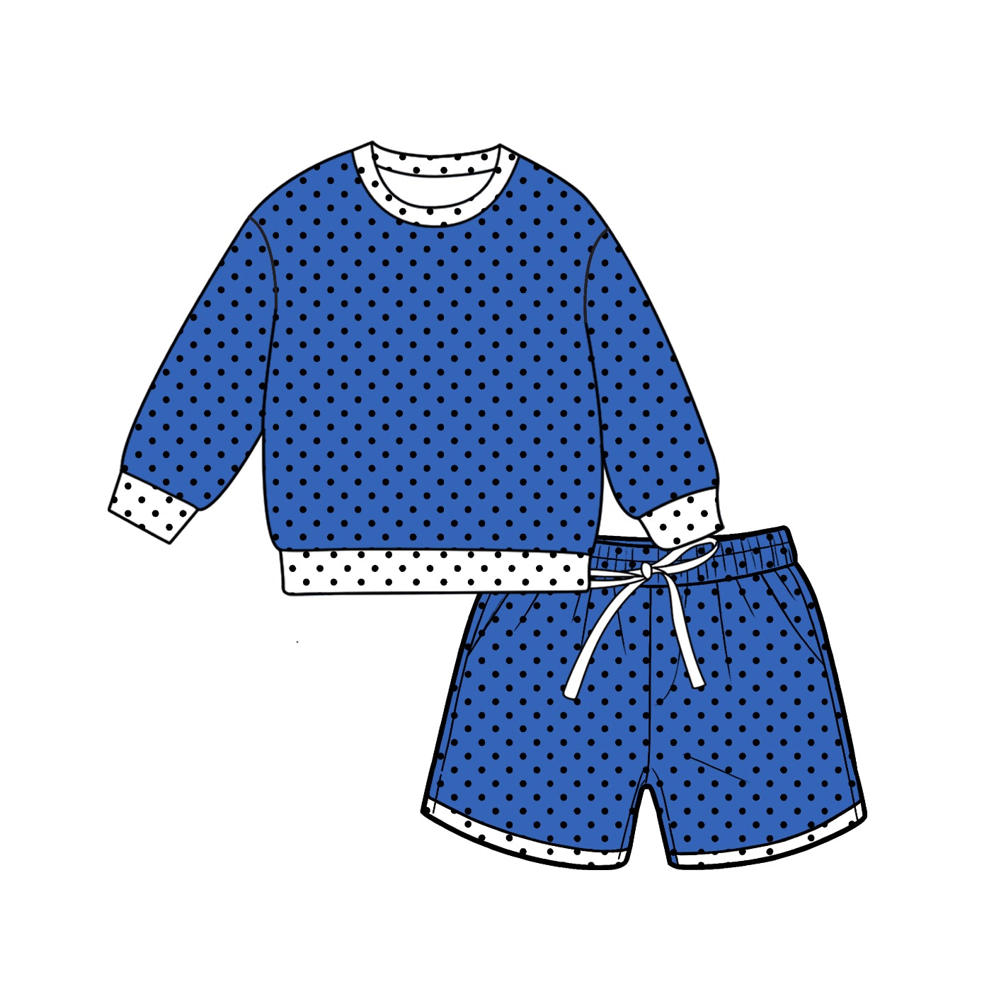 Preorder (moq 5)Baby Girls Blue Long Sleeve Polka Dots Top Pockets Short Clothes Set