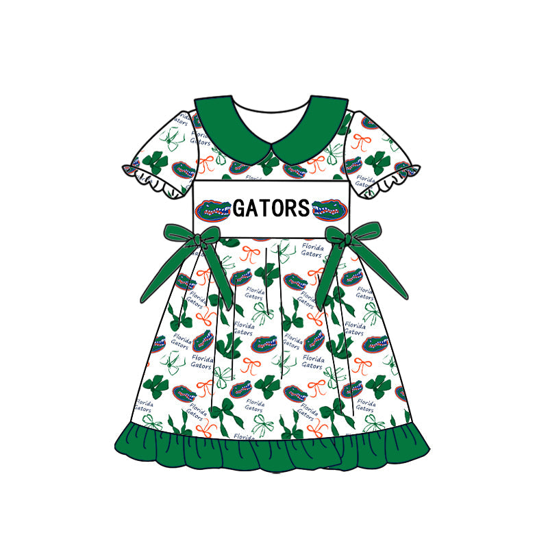 Preorder (moq 5)Baby Girls Short Sleeve Gators Bows Collar Team Ruffle Knee Length Dress
