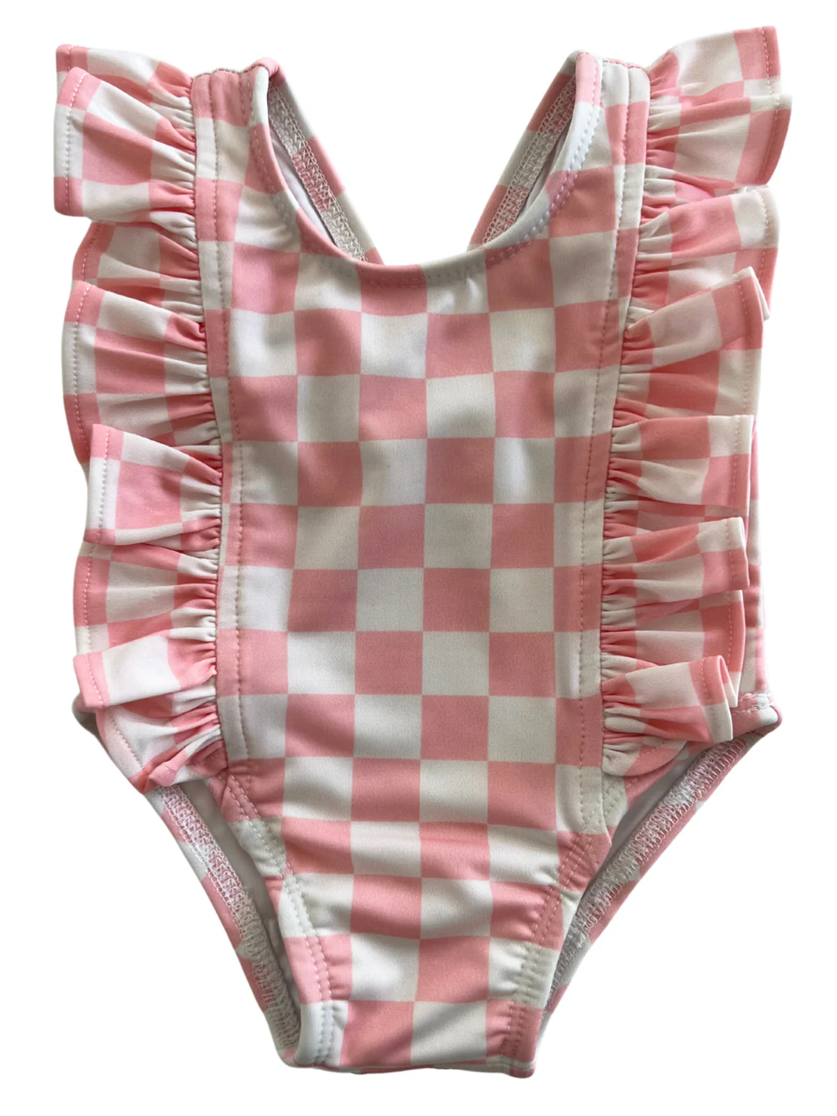 Preorder (moq 5)Baby Girls Pink Checkered Ruffles One Piece Swimsuits