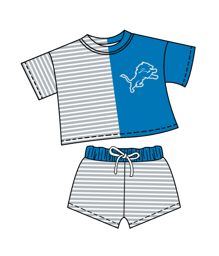 Preorder (moq 5)Baby Girls Grey Stripe Lions Top Shorts Team Clothes Sets
